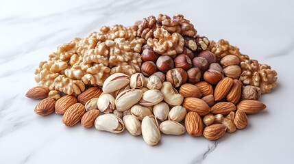 Assorted nuts and seeds, variety of textures, almonds, walnuts, hazelnuts, pistachios, cashews, close-up food photography, white marble tabletop, shallow depth of field, rich warm tones.