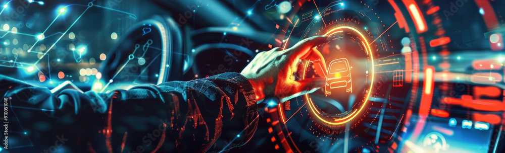 Aufkleber a hand interacts with a glowing car dashboard displaying futuristic technology features