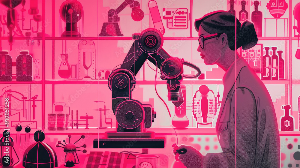 Poster a scientist conducts experiments with a robotic arm in a vibrant laboratory setting