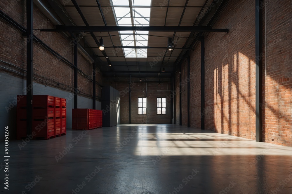 Poster spacious empty industrial warehouse interior