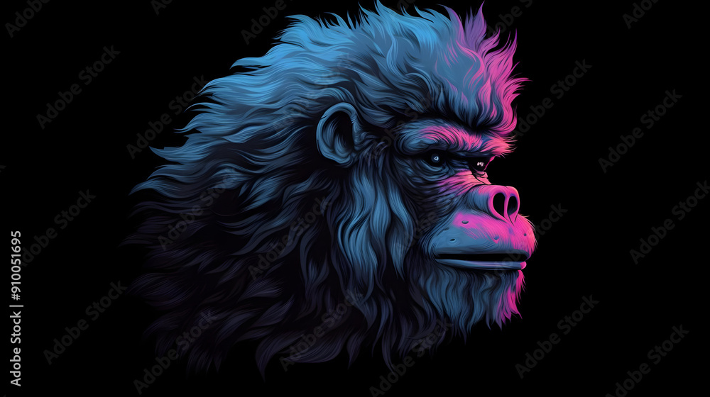 Sticker Gorilla Portrait Illustration with Neon Blue and Pink