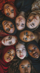 A diverse group of women collaborates while lying in a circle, showcasing friendship and unity