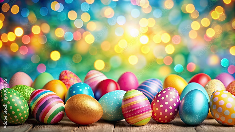 Poster Colorful Easter eggs arranged on a festive background, Easter, eggs, holiday, celebration, colorful, festive, spring