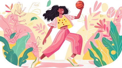 Fototapeta premium A young woman dribbles a basketball while surrounded by lively plants and nature in a colorful outdoor environment