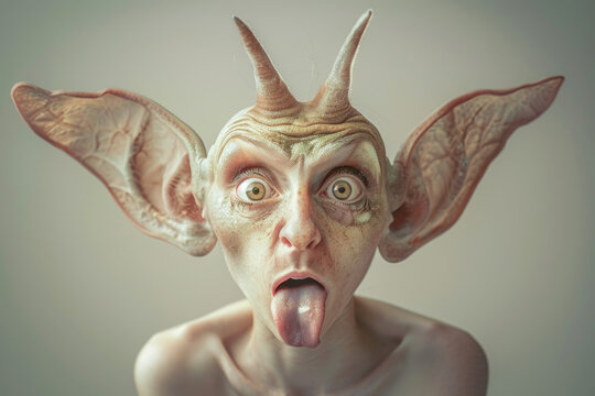 A bizarre creature with prominent ears and horns displays an exaggerated expression