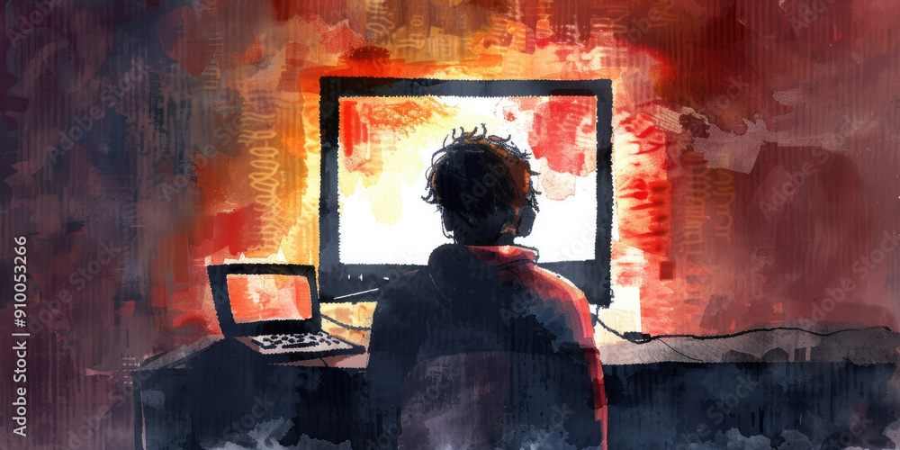 Poster a person is focused on a computer screen surrounded by a dark, ambient atmosphere