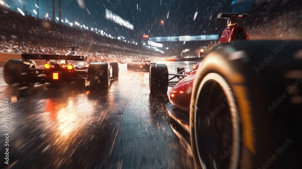 Poster race cars speed through a wet track under lights as rain falls, creating a dynamic and thrilling atm