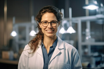 A confident scientist stands in a bright laboratory, showcasing professionalism and enthusiasm for her work