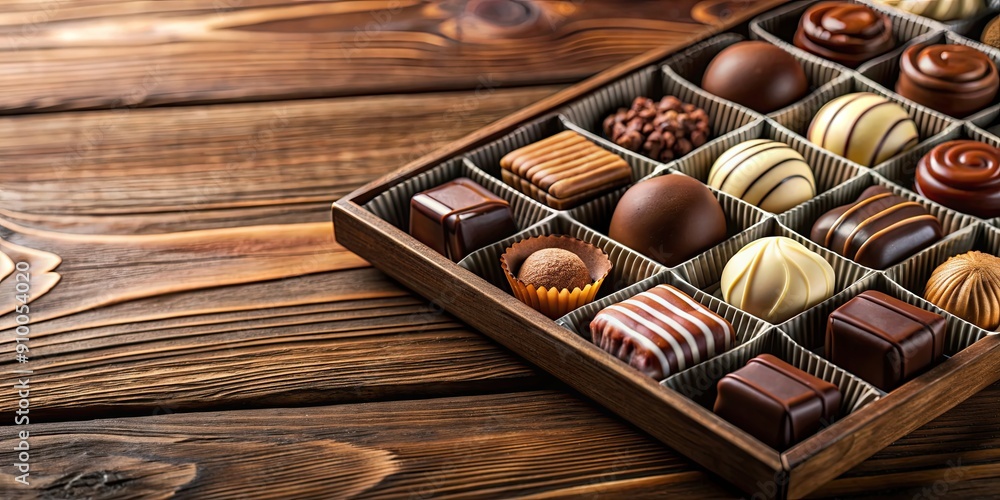 Sticker Assorted chocolates in a box on wooden table closeup view, chocolates, box, assorted, sweet, dessert, treat, delicious