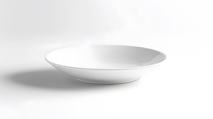 Minimalist white ceramic plate, round shape, shallow design, smooth matte finish, clean lines, subtle rim, pure white porcelain, soft shadows, studio lighting, white background.