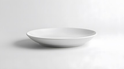 Minimalist white ceramic plate, round shape, shallow design, smooth matte finish, clean lines, subtle rim, pure white porcelain, soft shadows, studio lighting, white background.