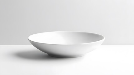 Minimalist white ceramic plate, round shape, shallow design, smooth matte finish, clean lines, subtle rim, pure white porcelain, soft shadows, studio lighting, white background.