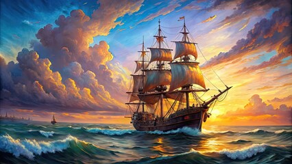 Obraz premium Colorful oil painting of a pirate ship sailing on the ocean, pirate ship,oil painting, colorful, ship, ocean, adventure