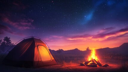 camping site featuring a tent and campfire surrounded by a clear twilight sky filled with stars. 