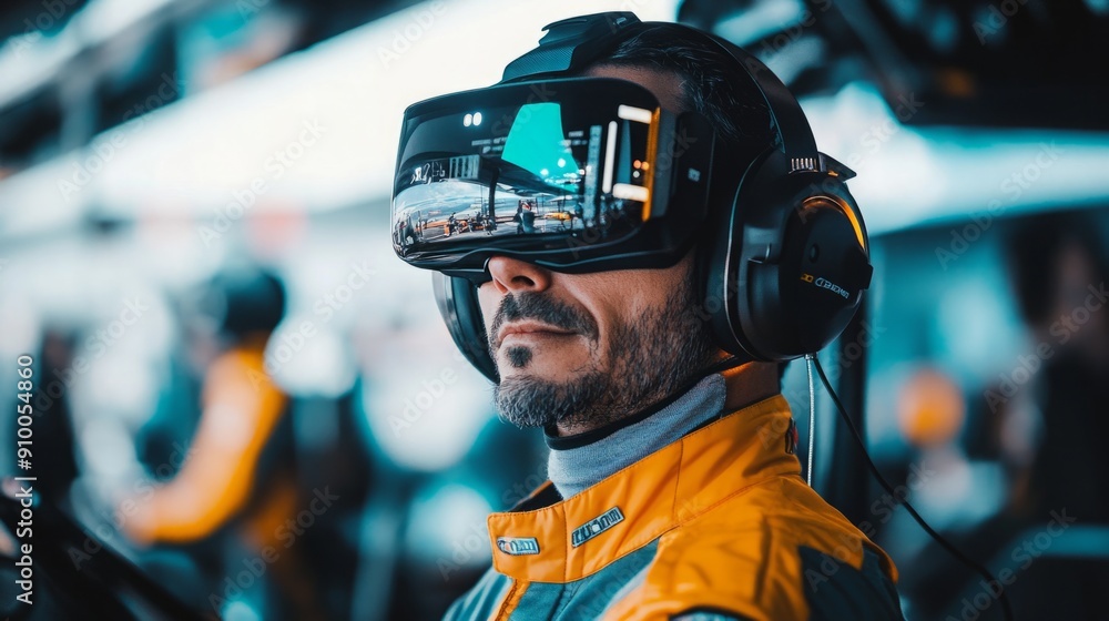Poster a participant engages in a virtual reality racing simulation while wearing specialized vr gear, surr