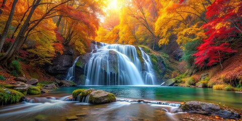 Fototapeta premium Beautiful waterfall flowing through colorful autumn forest , nature, seasonal, water, stream, foliage, trees, peaceful, serene