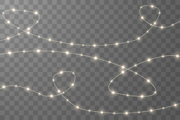 Christmas lights isolated on checkered vector background. Set of Christmas glowing garlands. For advertising invitations, web banners, postcards. Vector