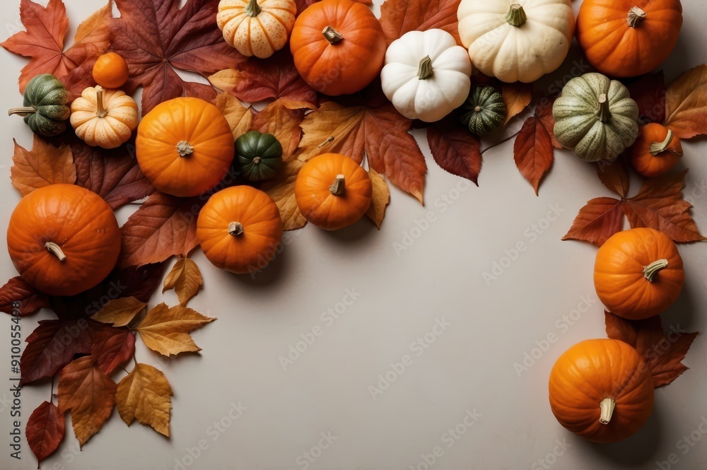 Wall mural flat lay autumn arrangement with pumpkins and leaves on yellow background
