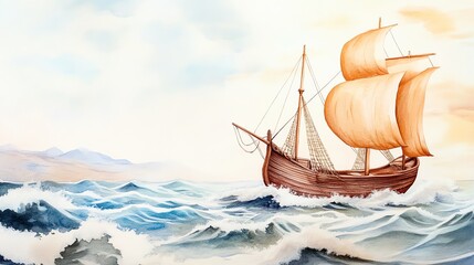 A beautifully illustrated sailing ship navigating through tumultuous waves under a soft sky, evoking adventure and exploration.
