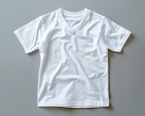 A plain white t-shirt displayed on a neutral background, ideal for showcasing textures and clothing styles in photography.