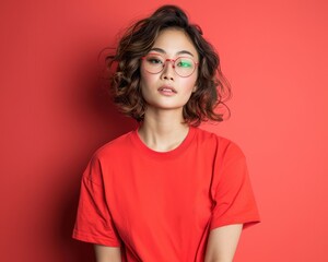 Fototapeta premium A stylish woman with curly hair and glasses poses confidently against a vibrant red background, showcasing modern fashion.
