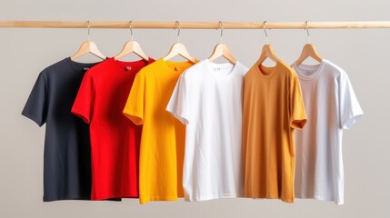 A vibrant display of colorful t-shirts hanging on wooden hangers, showcasing diverse styles and shades for fashion inspiration.