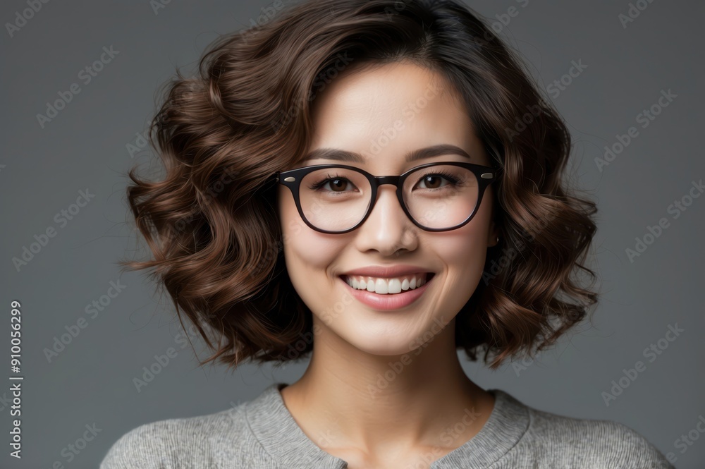 Sticker professional studio portrait of a smiling asian woman with glasses