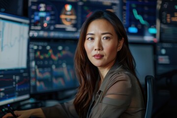 A serious woman is seen closely examining multiple screens displaying different data charts and graphs, suggesting a deep analysis of financial or statistical information.
