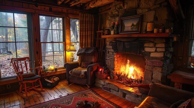 Warm cabin room with a fireplace and window, offering a cozy and inviting winter retreat
  Seamless looping 4k time-lapse virtual video animation Generated AI