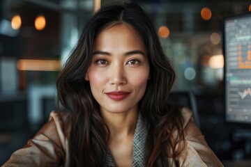 A woman in a blouse is engaged in working with data charts displayed on multiple screens, indicating her involvement in financial analysis or data management projects.