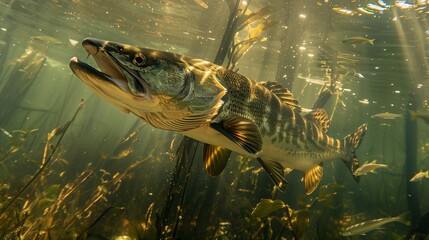 A vivid and realistic photo of a musky (Esox masquinongy) executing a high-speed attack underwater.