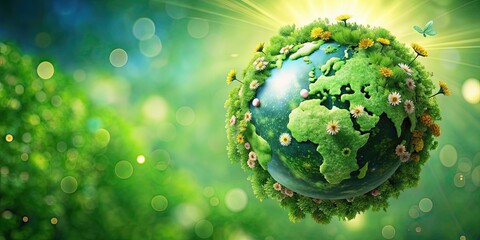 Planet Earth covered in green flowers and trees against a bright background, Earth, planet, green, flowers, trees