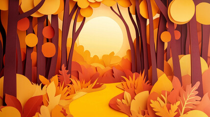 Autumn forest landscape background in the style of paper cut, orange and yellow colors, sun in the sky, Generative AI