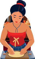 Woman working dough in rustic kitchen making pizza or flatbread