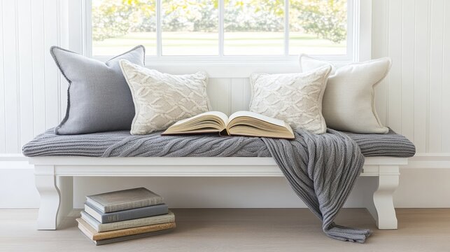 A cozy nook features soft pillows, a warm cup of coffee, and stacked books, inviting relaxation and reading in gentle natural light