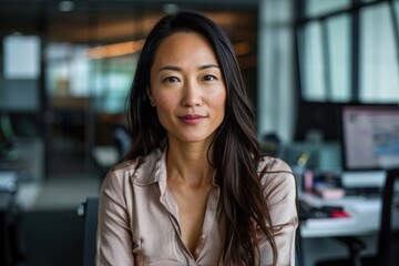 A woman wearing a beige shirt poses confidently at her office desk, with a background of a modern, well-lit office space, exuding professionalism and confidence.