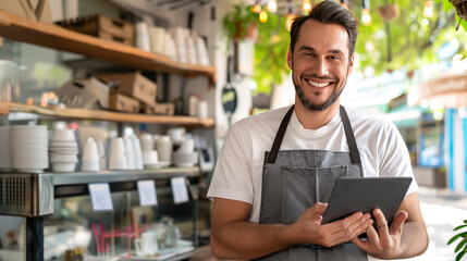 Young male cafe owner with a tablet.