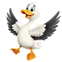 Fototapeta premium A cartoon duck with its wings spread out and a big smile on its face. The duck is happy and playful, and it looks like it's having a great time