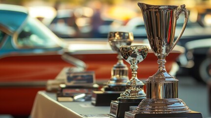 A row of shiny trophies is showcased on a table at a classic car show, with vintage vehicles visible in the background under clear skies.