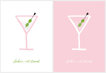Cocktails with Green Olives. Shaken, Not Stirred. Funny Prints with Martini Drinks Hand Drawn on a White and Pastel Pink Background. Infantile Style Art with Pink Drinks.
