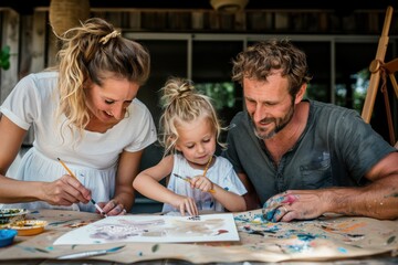 A heartwarming scene of a family bonding over a painting activity, depicting a man, a woman, and a young child happily engaged in creating art together.