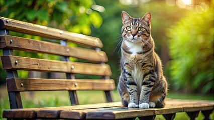 Cat sitting gracefully on a wooden bench , feline, animal, pet, domestic, cute, fluffy, bench, seating, relax, peaceful, resting