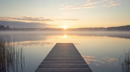 Obraz premium Serene Sunrise: A wooden dock extends into a tranquil lake, mirroring the golden hues of a breathtaking sunrise. The mist adds a touch of mystery, inviting contemplation and a sense of peace. 