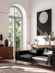 Modern Living Room with Black Leather Sofa and Large Window Overlooking Greenery