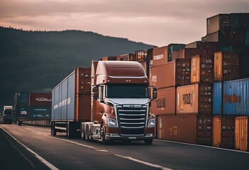 truck container bridge modern intermodal freight cargo road transportation highway trucking transport trailer lorry delivery traffic car business speed shipping industry