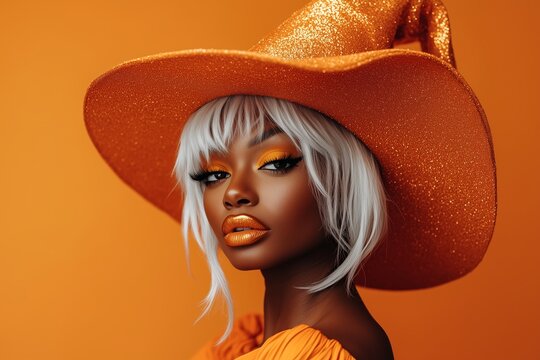 A beautiful black woman with white hair in an orange hat and dress, glitter lips, witchy aesthetic, sparkly makeup, bright orange, orange color theme for halloween