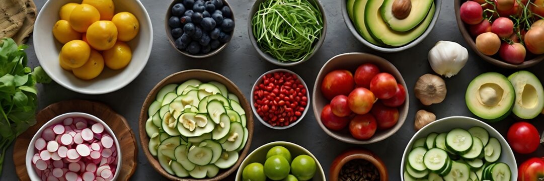 Healthy food clean eating selection , contains of fruit, vegetable, seeds, nuts, superfood, cereal, leaf vegetable on gray concrete background