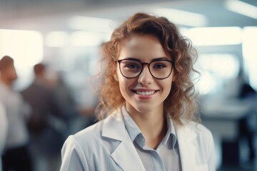 Fototapeta premium Beautiful young woman scientist wearing white coat and glasses in modern Medical Science Laboratory 