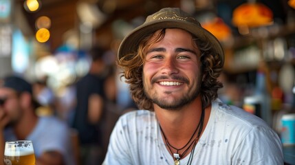 Obraz premium Young Man Smiling Cheerfully While Enjoying A Cold Beverage At A Busy Beach Bar