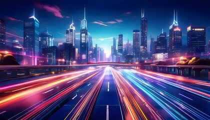 Fototapeta premium The street wonders streams of light trails, Generative AI.